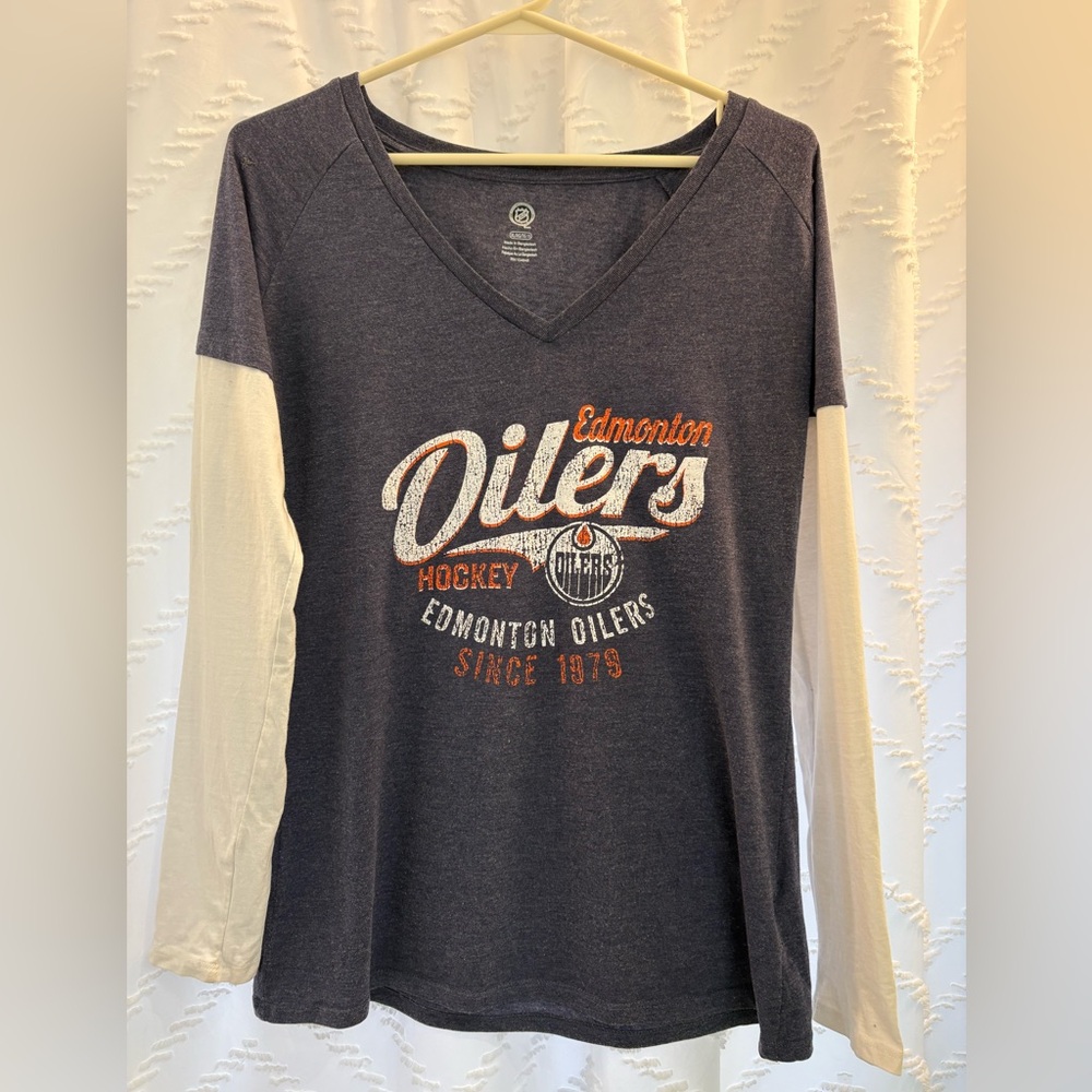 NHL Edmonton Oilers Navy and White Long Sleeve Tee